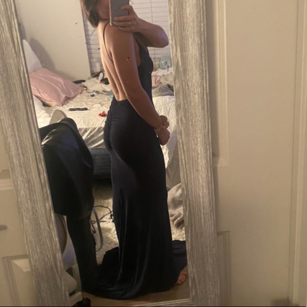 Backless bum ruched navy blue maxi fitted formal dress